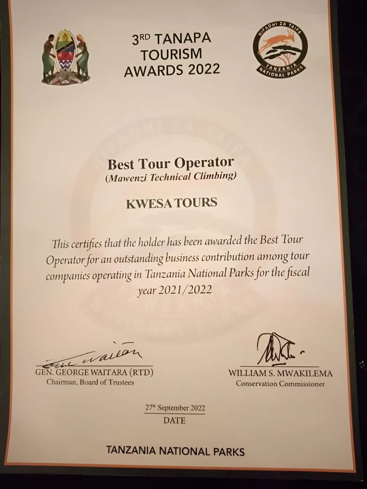 Kwesa Tours certificate: TANAPA Tourism Awards 2022, Best Tour Operator for Mawenzi Technical Climbing